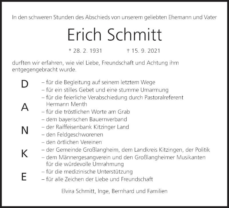  Traueranzeige für Erich Schmitt vom 02.10.2021 aus MGO