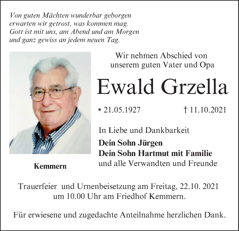  Traueranzeige für Ewald Grzella vom 16.10.2021 aus MGO
