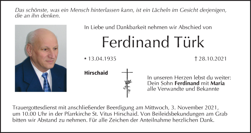  Traueranzeige für Ferdinand Türk vom 30.10.2021 aus MGO