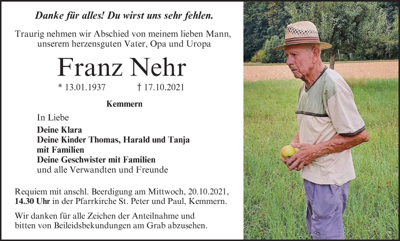  Traueranzeige für Franz Nehr vom 19.10.2021 aus MGO