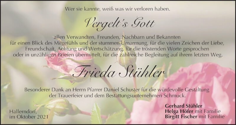  Traueranzeige für Frieda Stühler vom 23.10.2021 aus MGO