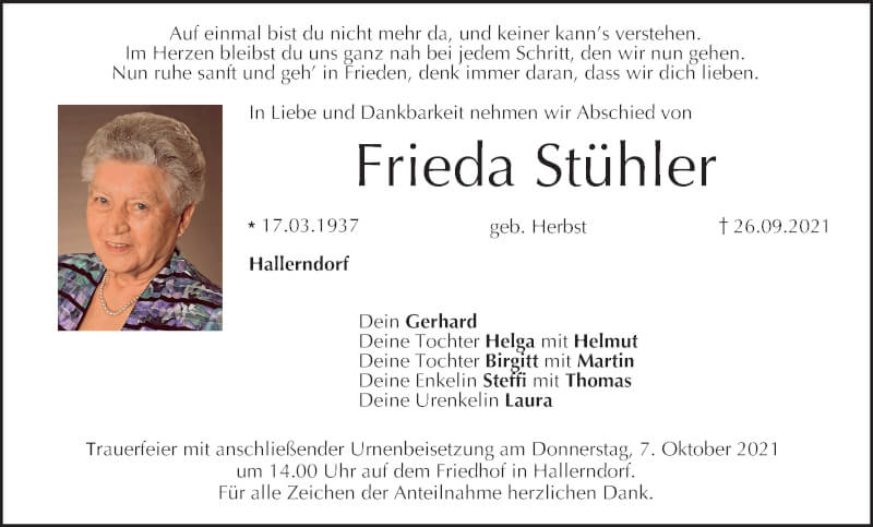  Traueranzeige für Frieda Stühler vom 02.10.2021 aus MGO