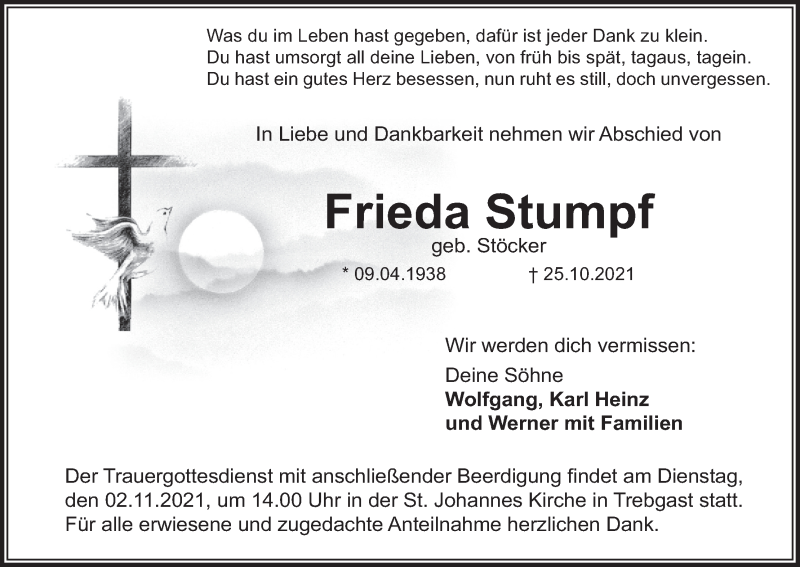  Traueranzeige für Frieda Stumpf vom 30.10.2021 aus MGO
