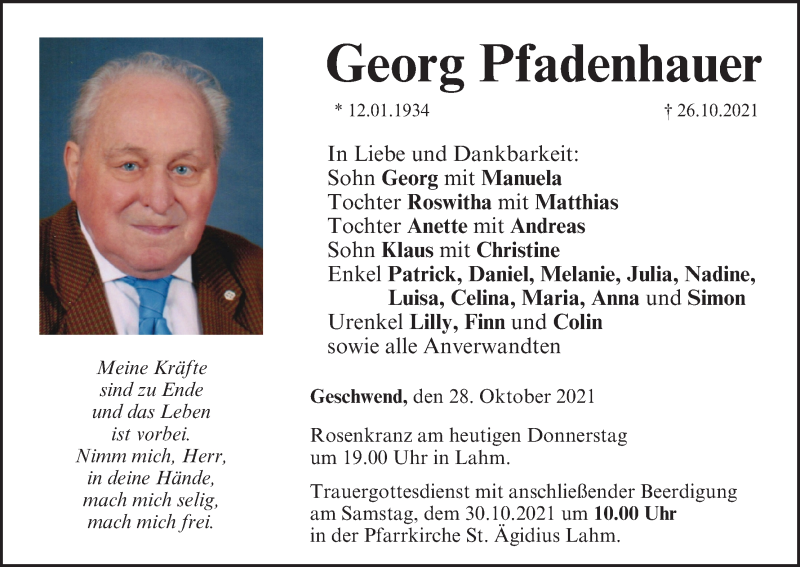  Traueranzeige für Georg Pfadenhauer vom 28.10.2021 aus MGO