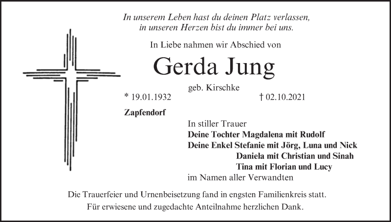  Traueranzeige für Gerda Jung vom 16.10.2021 aus MGO