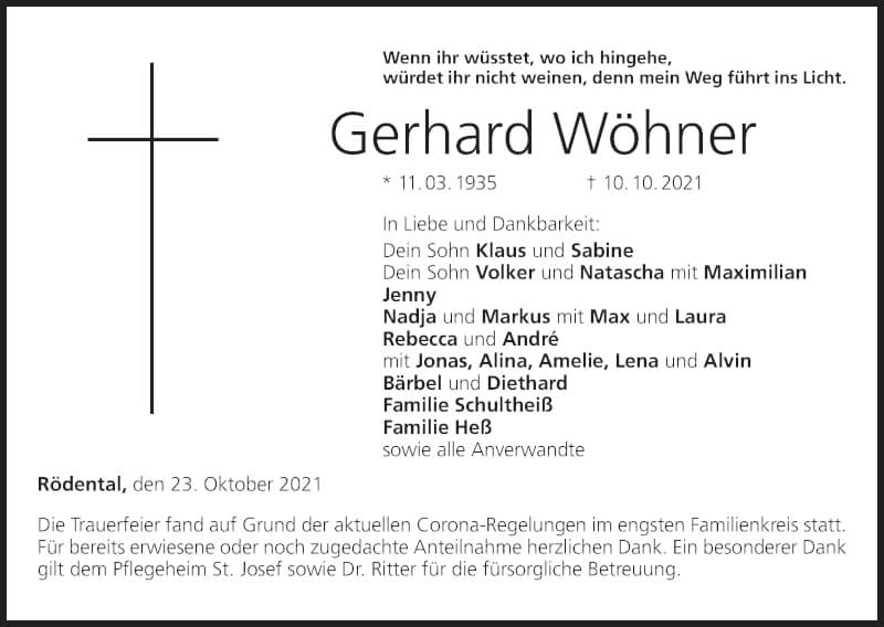  Traueranzeige für Gerhard Wöhner vom 23.10.2021 aus MGO