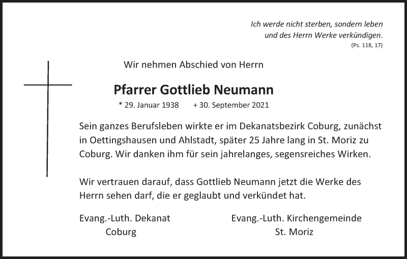  Traueranzeige für Gottlieb Neumann vom 06.10.2021 aus MGO