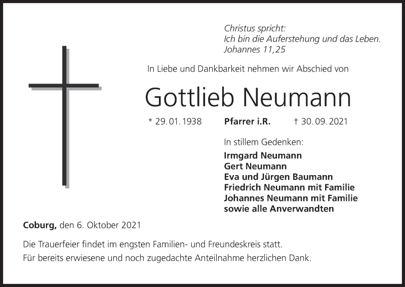  Traueranzeige für Gottlieb Neumann vom 06.10.2021 aus MGO