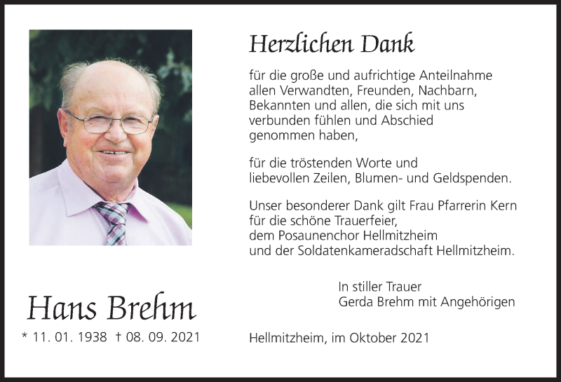  Traueranzeige für Hans Brehm vom 09.10.2021 aus MGO