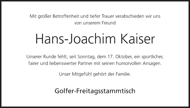  Traueranzeige für Hans-Joachim Kaiser vom 30.10.2021 aus MGO