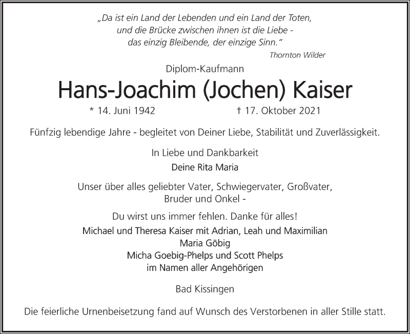  Traueranzeige für Hans-Joachim Kaiser vom 30.10.2021 aus MGO