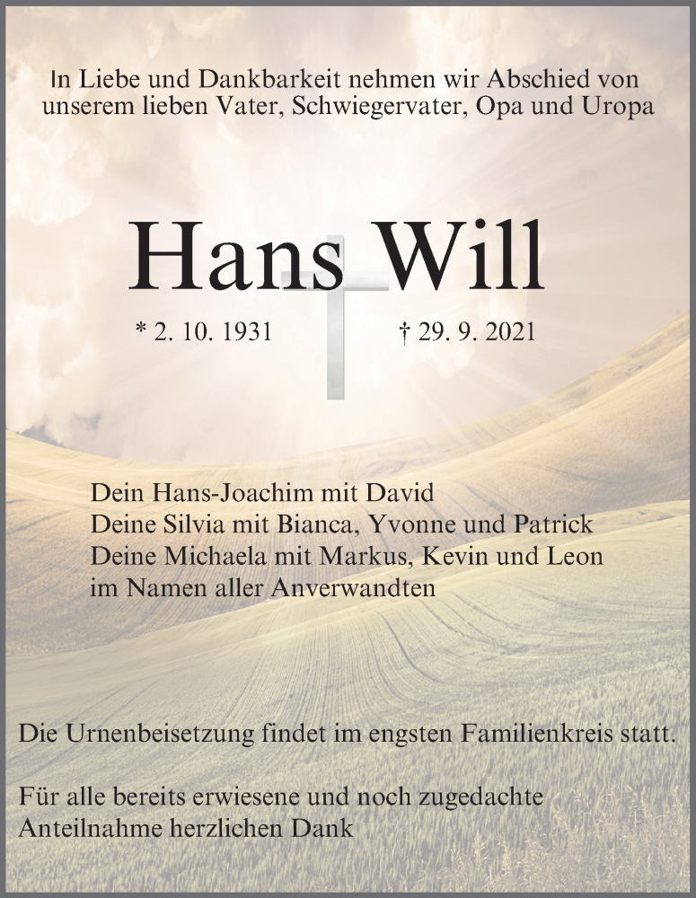  Traueranzeige für Hans Will vom 05.10.2021 aus MGO