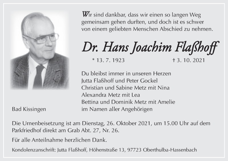  Traueranzeige für Hans Joachim Flaßhoff vom 09.10.2021 aus MGO