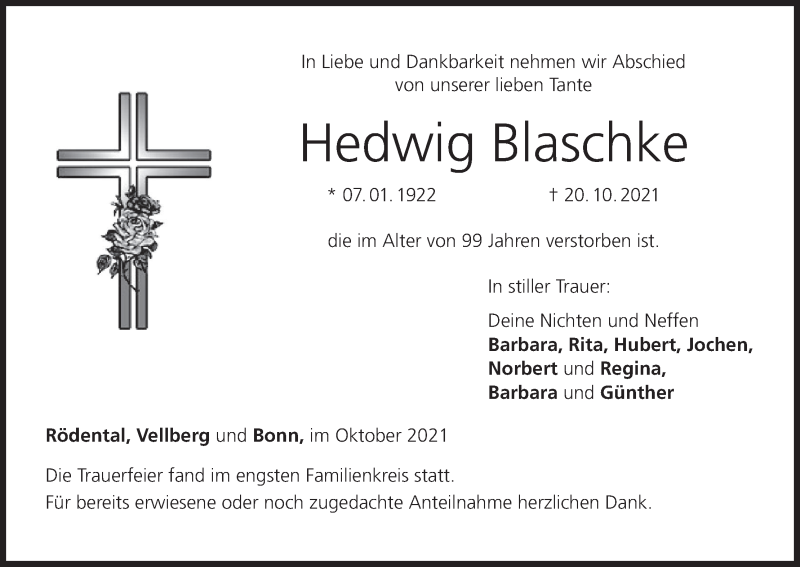  Traueranzeige für Hedwig Blaschke vom 30.10.2021 aus MGO