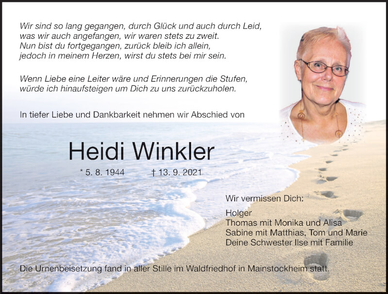  Traueranzeige für Heidi Winkler vom 02.10.2021 aus MGO