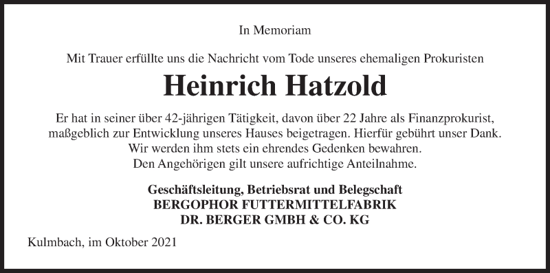  Traueranzeige für Heinrich Hatzold vom 19.10.2021 aus MGO