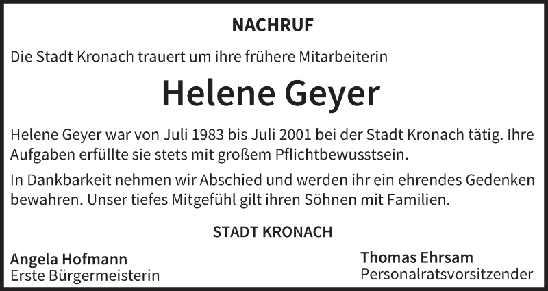  Traueranzeige für Helene Geyer vom 16.10.2021 aus MGO