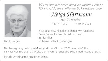 Anzeige von Helga Hartmann von MGO