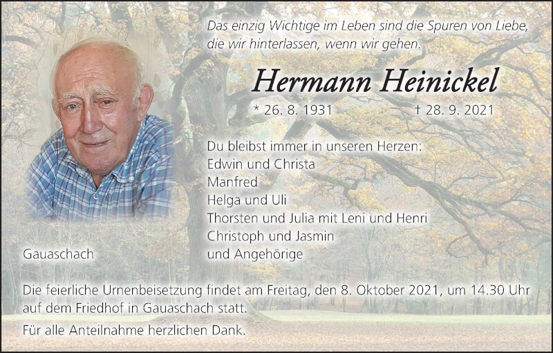  Traueranzeige für Hermann Heinickel vom 02.10.2021 aus MGO