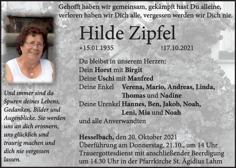  Traueranzeige für Hilde Zipfel vom 20.10.2021 aus MGO