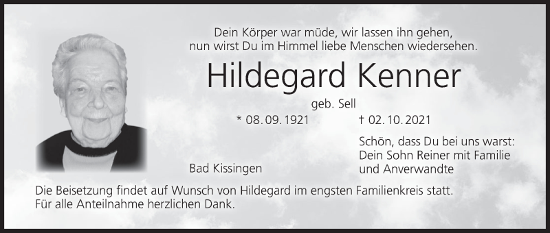 Traueranzeige für Hildegard Kenner vom 09.10.2021 aus MGO