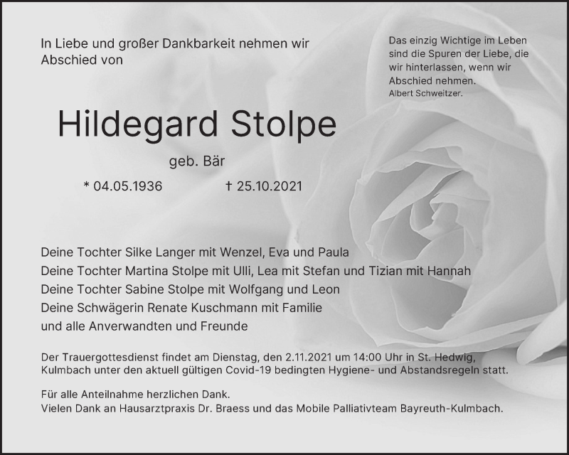  Traueranzeige für Hildegard Stolpe vom 29.10.2021 aus MGO