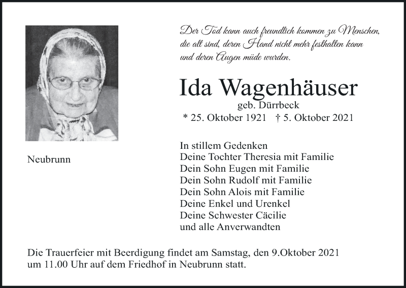  Traueranzeige für Ida Wagenhäuser vom 07.10.2021 aus MGO