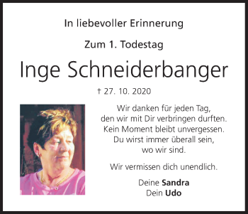 Anzeige von Inge Schneiderbanger von MGO