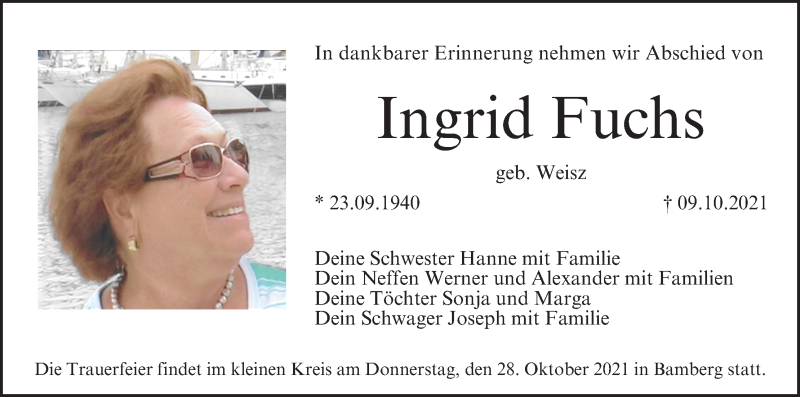  Traueranzeige für Ingrid Fuchs vom 27.10.2021 aus MGO