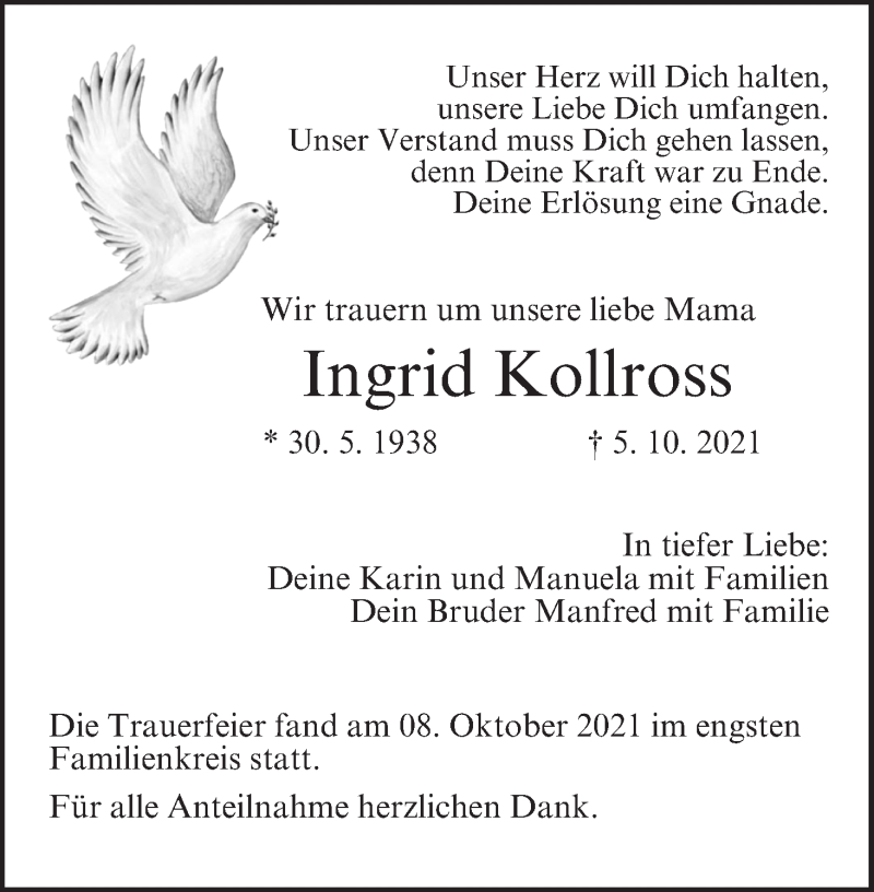  Traueranzeige für Ingrid Kollross vom 09.10.2021 aus MGO