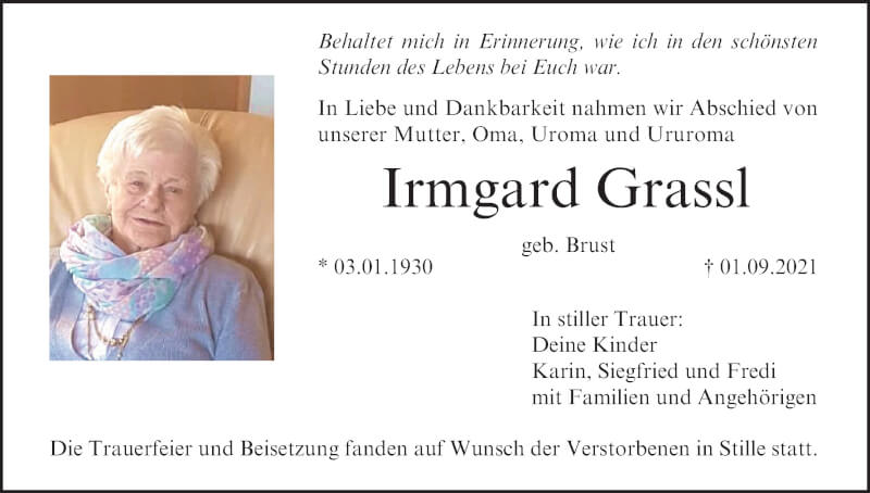  Traueranzeige für Irmgard Grassl vom 02.10.2021 aus MGO