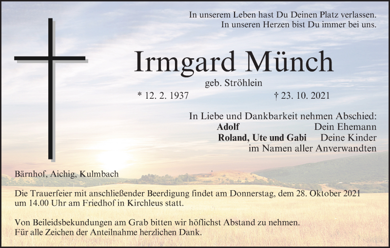  Traueranzeige für Irmgard Münch vom 27.10.2021 aus MGO
