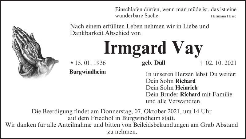  Traueranzeige für Irmgard Vay vom 05.10.2021 aus MGO