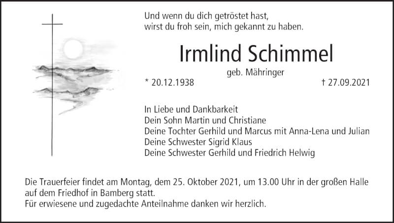  Traueranzeige für Irmlind Schimmel vom 02.10.2021 aus MGO