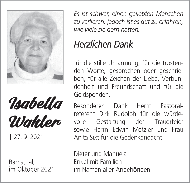  Traueranzeige für Isabella Wahler vom 30.10.2021 aus MGO