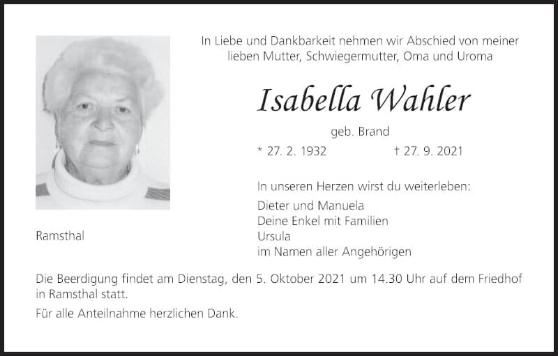  Traueranzeige für Isabella Wahler vom 02.10.2021 aus MGO