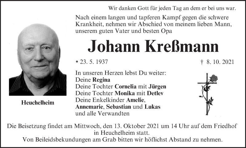  Traueranzeige für Johann Kreßmann vom 12.10.2021 aus MGO