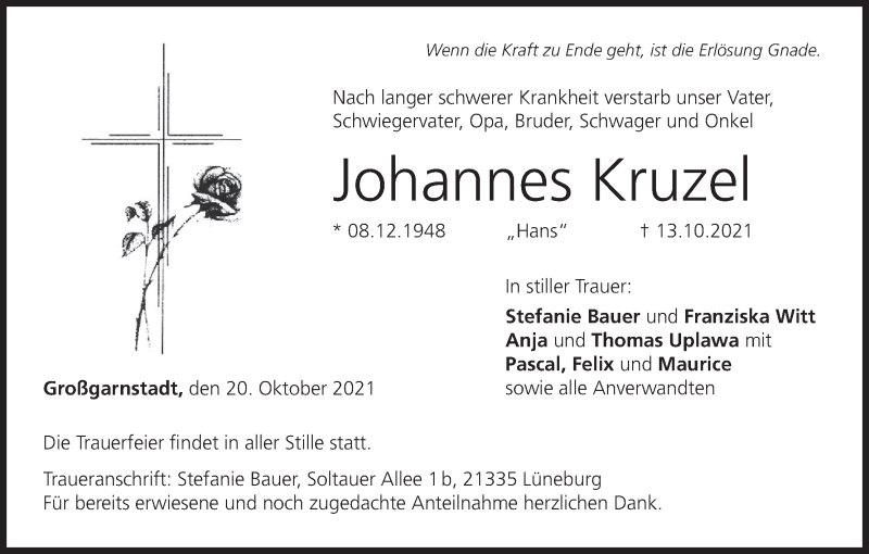  Traueranzeige für Johannes Kruzel vom 20.10.2021 aus MGO