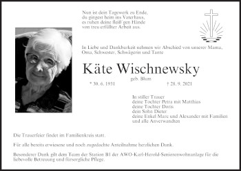 Anzeige von Käte Wischnewsky von MGO