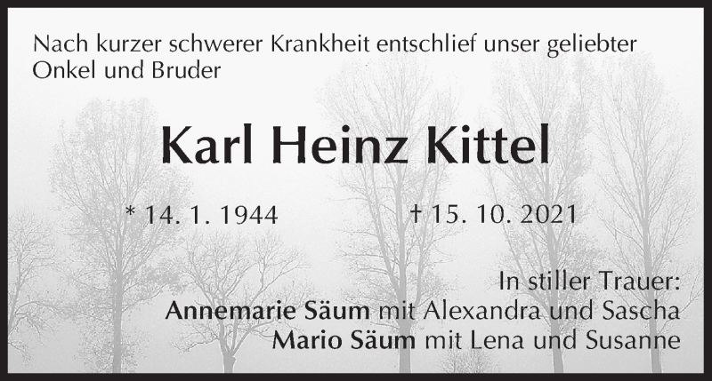  Traueranzeige für Karl Heinz Kittel vom 19.10.2021 aus MGO