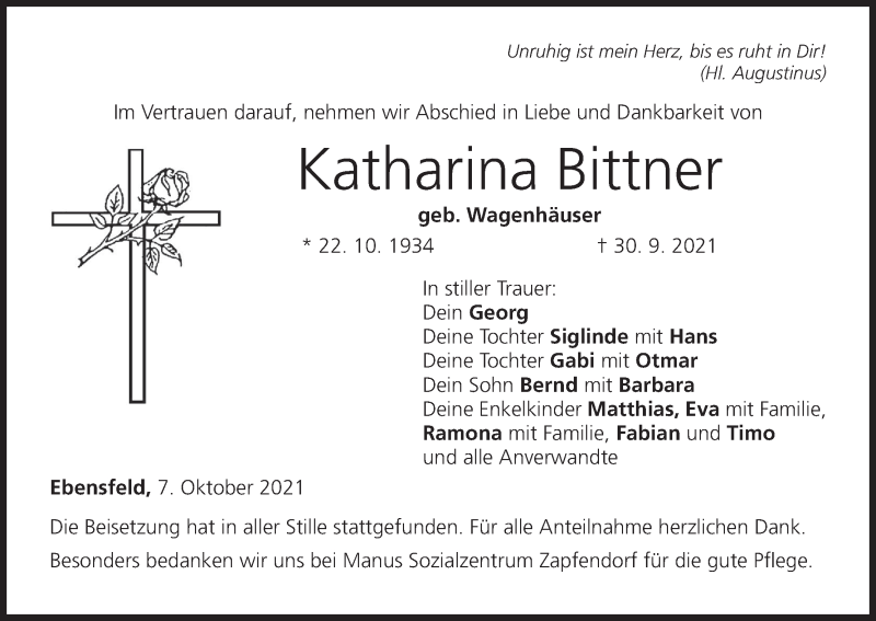  Traueranzeige für Katharina Bittner vom 07.10.2021 aus MGO