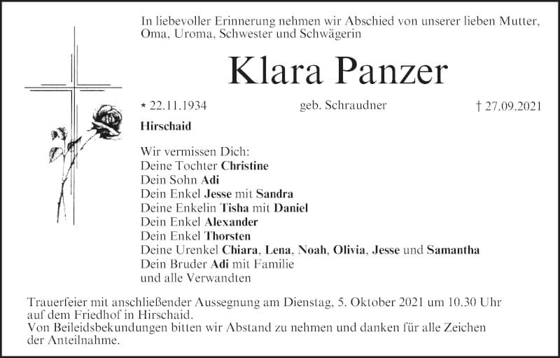  Traueranzeige für Klara Panzer vom 02.10.2021 aus MGO