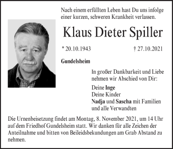 Anzeige von Klaus Dieter Spiller von MGO