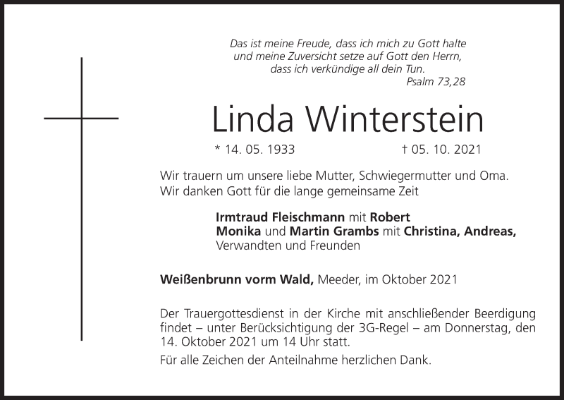  Traueranzeige für Linda Winterstein vom 09.10.2021 aus MGO