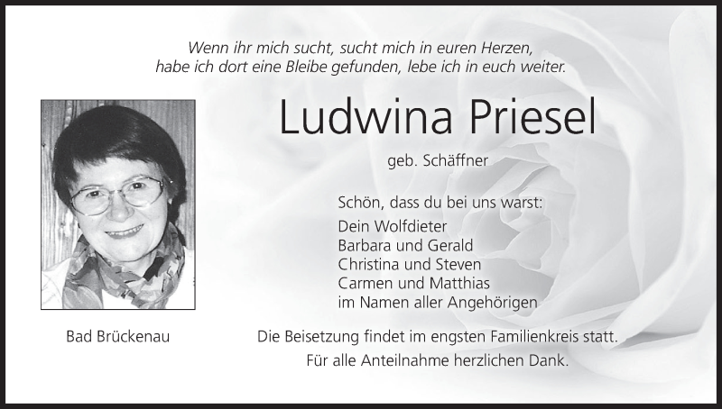  Traueranzeige für Ludwina Priesel vom 22.10.2021 aus MGO
