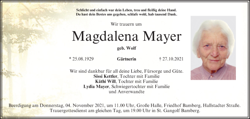  Traueranzeige für Magdalena Mayer vom 30.10.2021 aus MGO