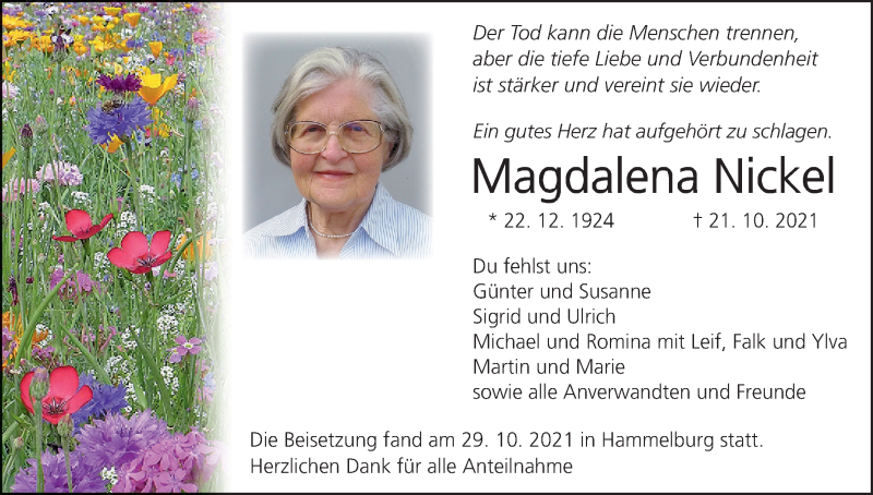  Traueranzeige für Magdalena Nickel vom 30.10.2021 aus MGO