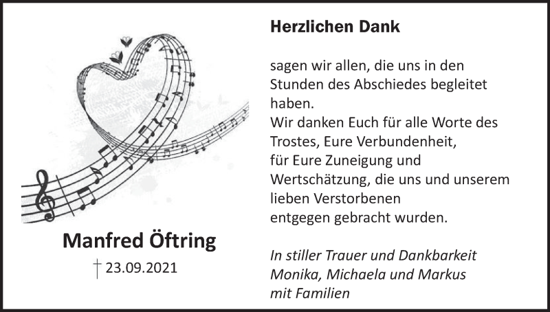  Traueranzeige für Manfred Öftring vom 16.10.2021 aus MGO