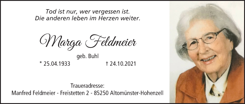  Traueranzeige für Marga Feldmeier vom 29.10.2021 aus MGO