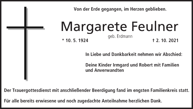  Traueranzeige für Margarete Feulner vom 09.10.2021 aus MGO